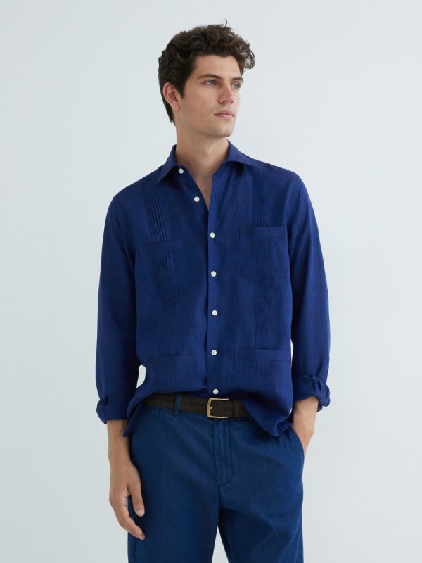 Camisa guayabera de lino de hombre Mirto classic lisa azul - Azul marino