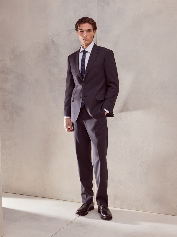 Pantalón de traje lavable liso fit regular mezcla con lana de hombre - Gris