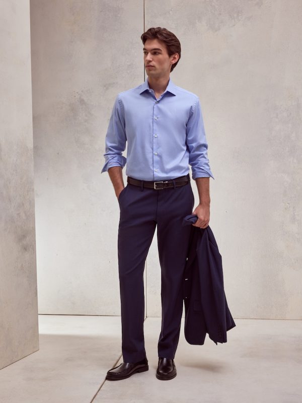Pantalón de traje lavable desestructurado fit regular mezcla con lana de hombre - Azul marino