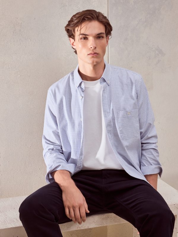 Camisa classic fit de twill de algodón stretch con cuadro perfilería de hombre - Azul claro
