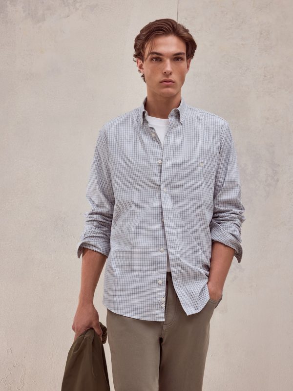 Camisa classic fit de twill de algodón stretch con cuadro perfilería de hombre - Verde