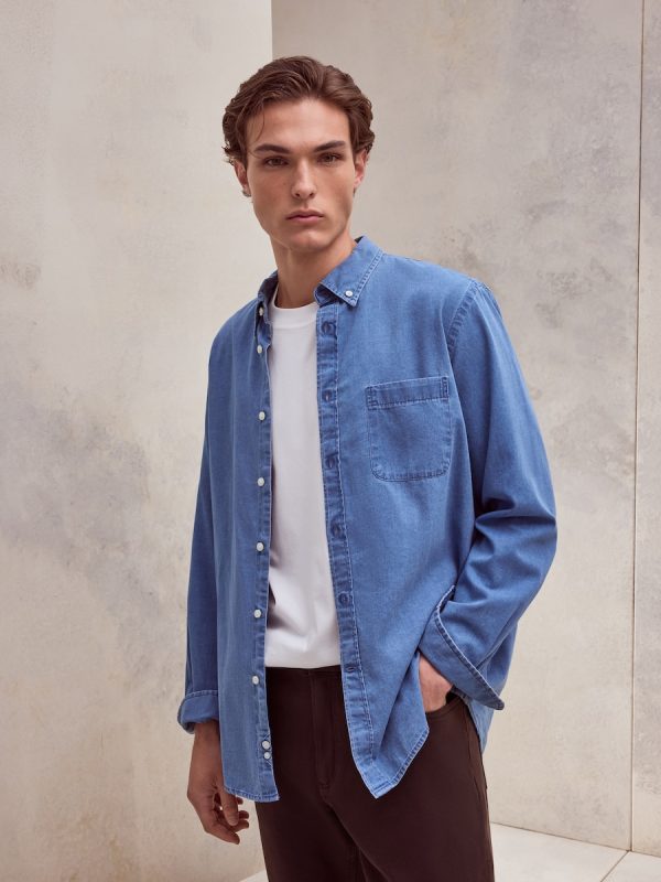 Camisa lisa denim chambray de algodón classic fit de hombre - Azul