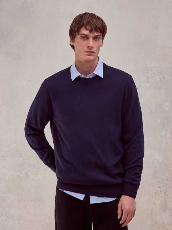 Jersey cuello redondo liso algodón - cashmere de hombre - Azul marino