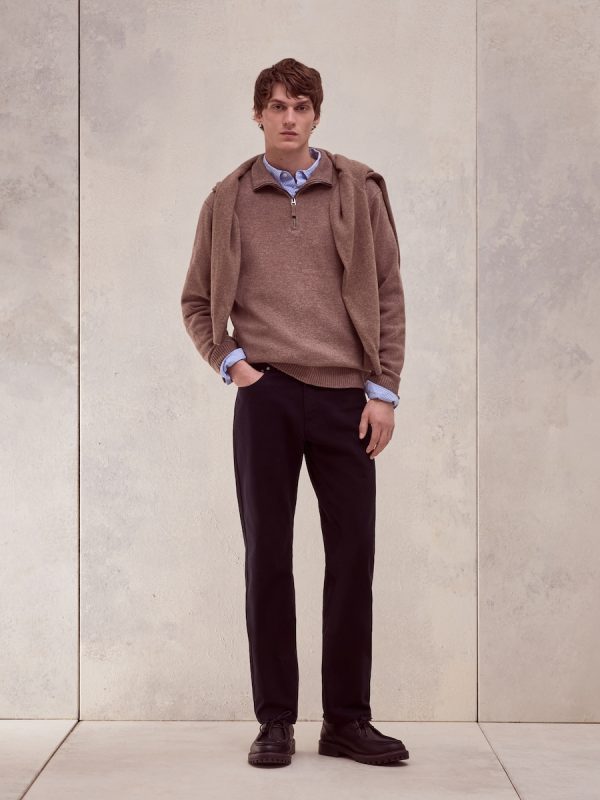 Jersey media cremallera liso100% lambswool de hombre - Marrón claro