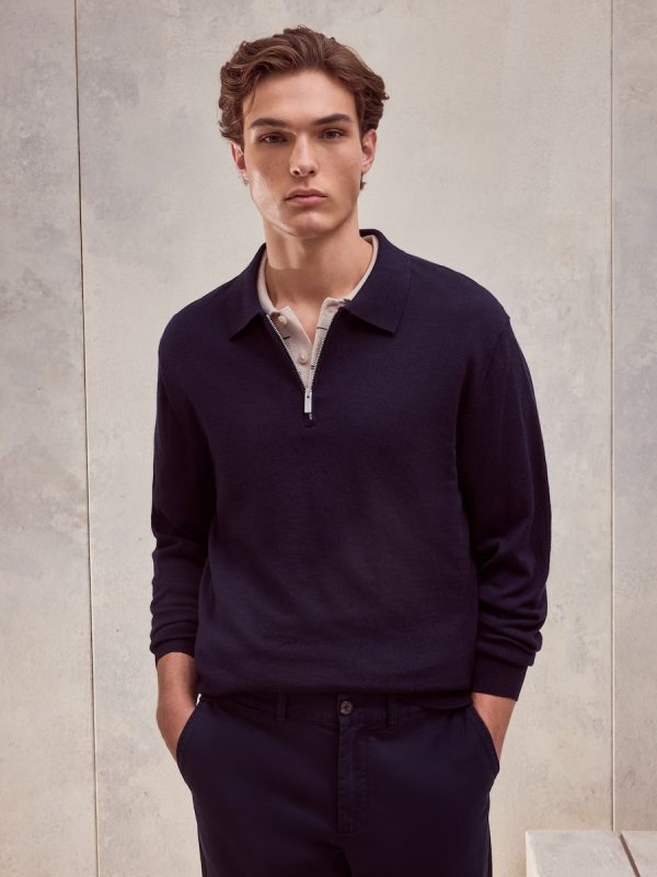 Jersey cuello Polo cremallera 100% merino extrafine de hombre - Azul marino