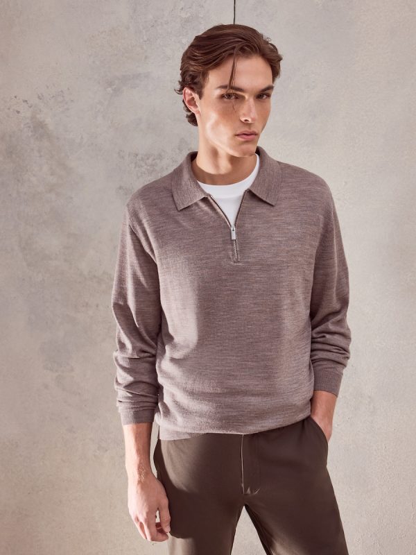 Jersey cuello Polo cremallera 100% merino extrafine de hombre - Marrón claro