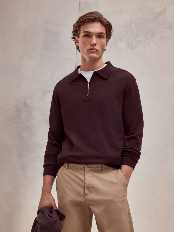 Jersey cuello Polo cremallera 100% merino extrafine de hombre - Ciruela