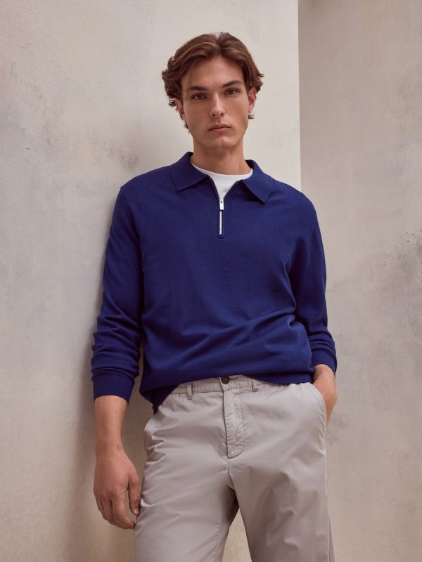 Jersey cuello Polo cremallera 100% merino extrafine de hombre - Azulón