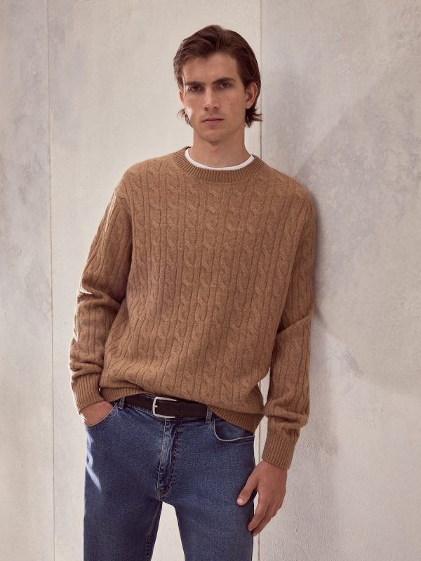 Jersey cuello redondo ochos 100% lambswool de hombre - Marrón claro
