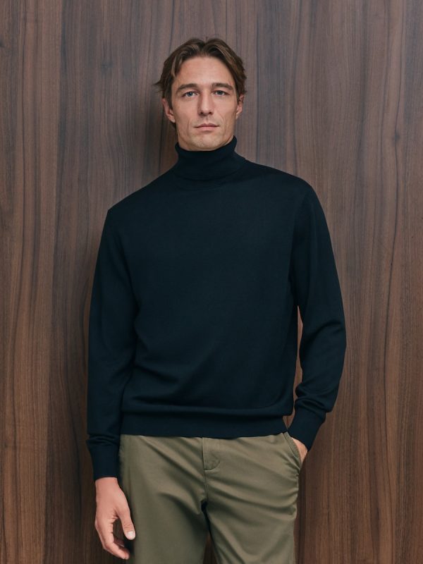Jersey cuello cisne lavable 100% lana merino de hombre - Negro