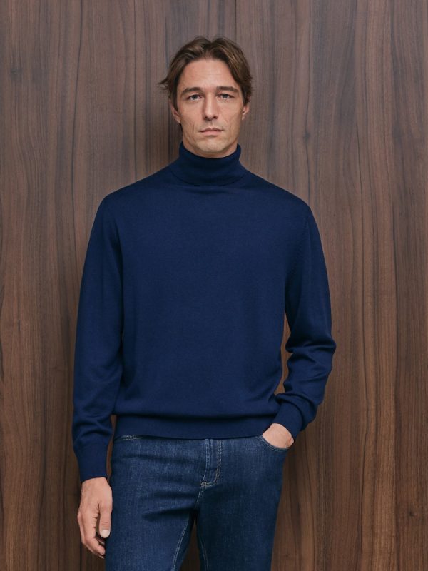 Jersey cuello cisne lavable 100% lana merino de hombre - Azul marino