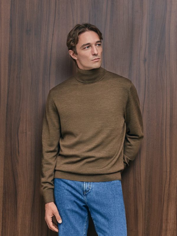 Jersey cuello cisne lavable 100% lana merino de hombre - Marrón