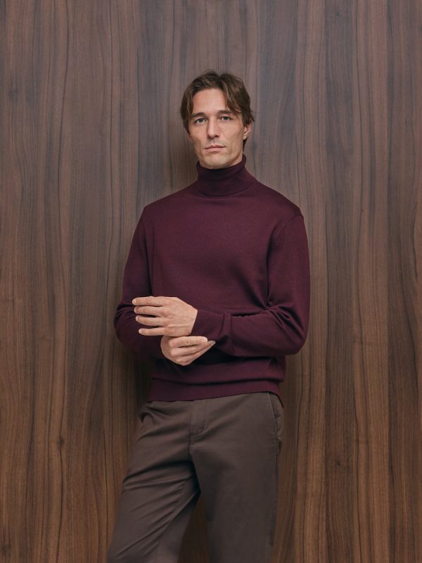 Jersey cuello cisne lavable 100% lana merino de hombre - Burdeos