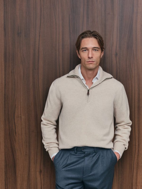Jersey cuello semicisne cremallera lana/cashmere de hombre - Crudo