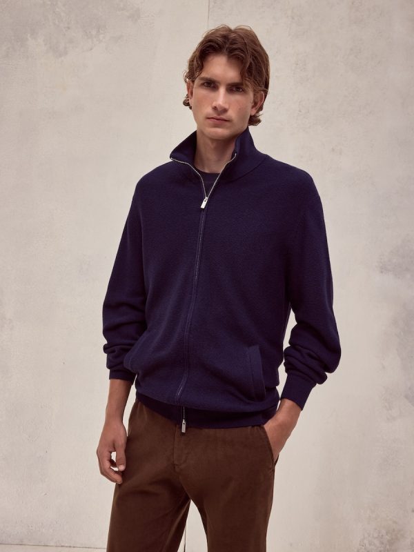 Cardigan cremallera estrucutura algodón - cashmere de hombre - Azul marino