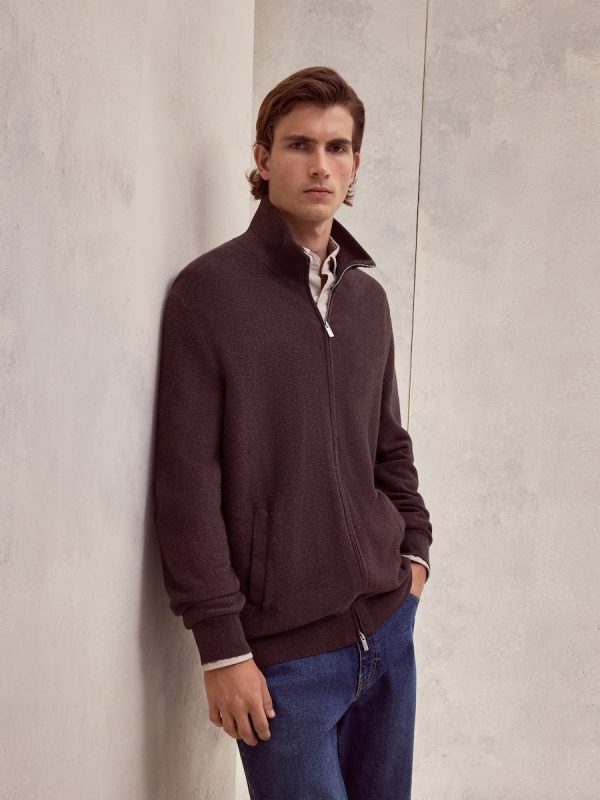 Cardigan cremallera estrucutura algodón - cashmere de hombre - Marrón oscuro