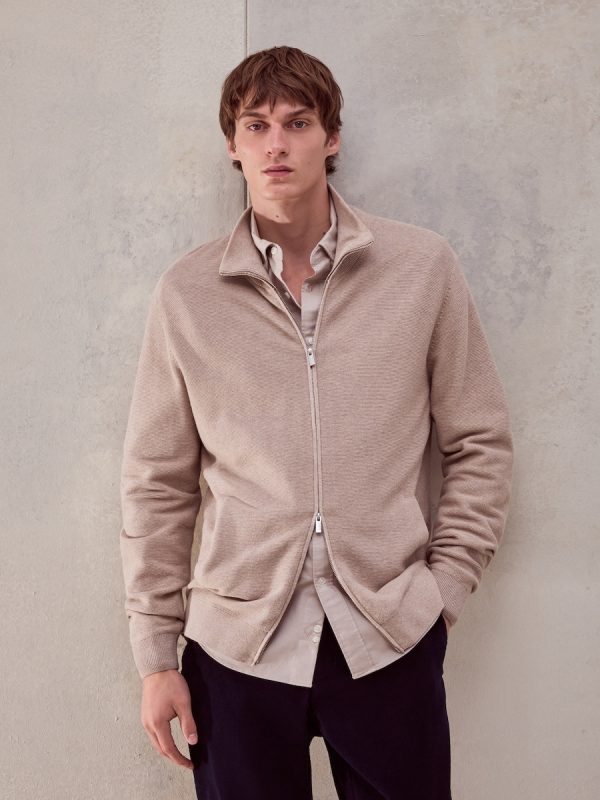 Cardigan cremallera estrucutura algodón - cashmere de hombre - Beige