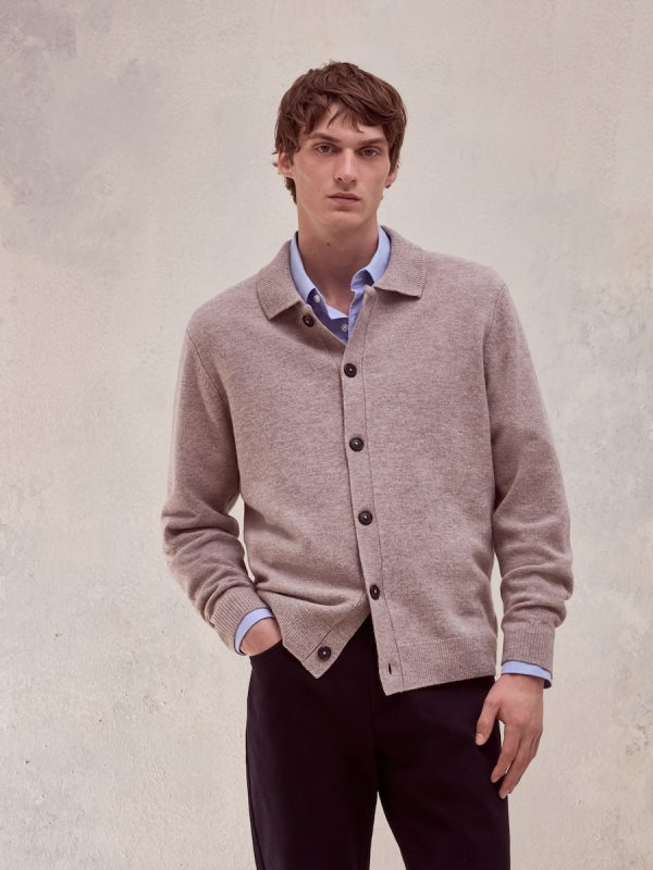 Cardigan botones liso 100% lambswool de hombre - Marrón claro