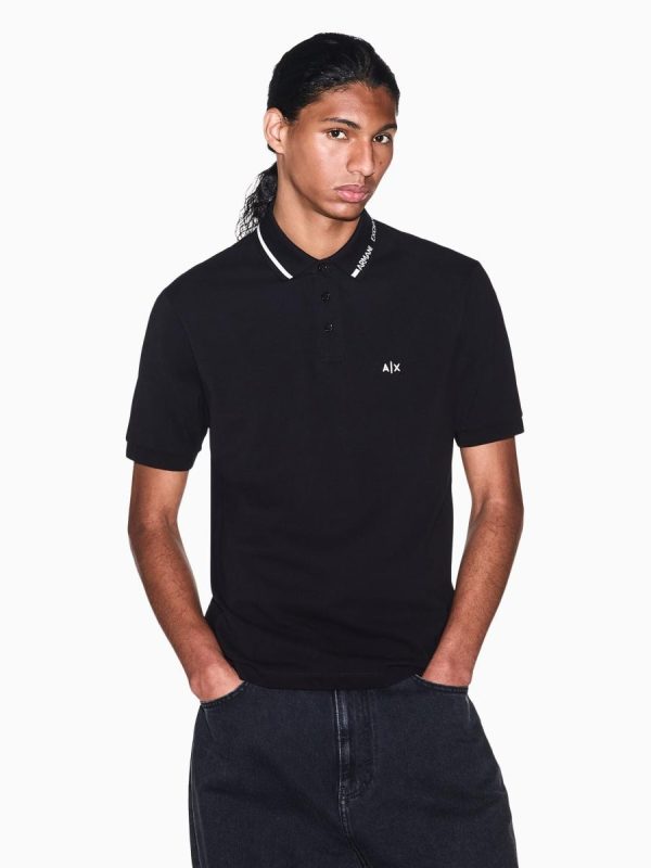 Polo piqué de hombre manga corta con logo en cuello - Negro