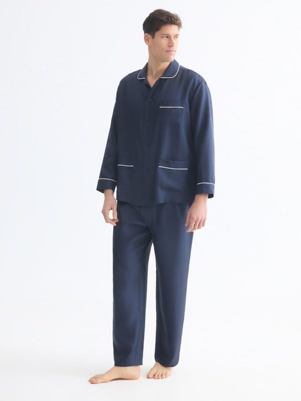 Pijama largo liso 100% seda hombre - Azul marino