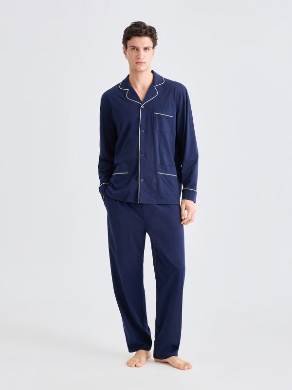 Pijama liso punto con cuello solapa 100% algodón hombre - Azul marino