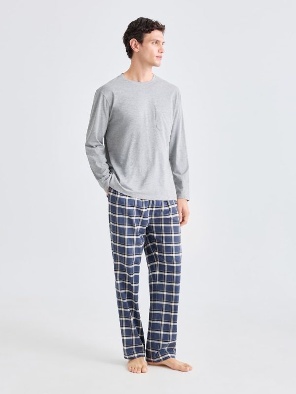 Pantalón largo de pijama franela cuadros 100% algodón sostenible hombre - Azul marino