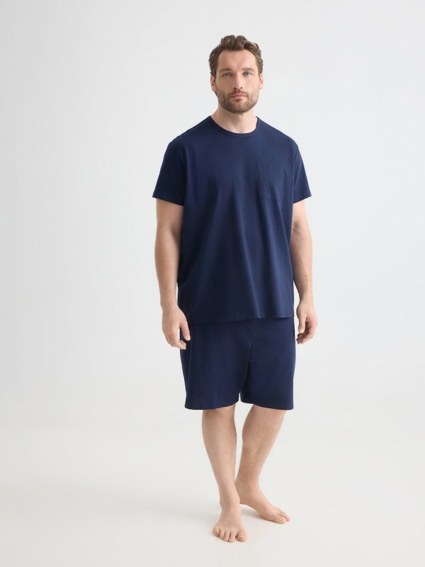 Pantalón corto de pijama liso 100% algodón sostenible hombre tallas grandes - Azul marino