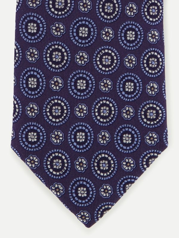 Corbata de hombre de seda con diseño de rosetones redondos. - Azul marino