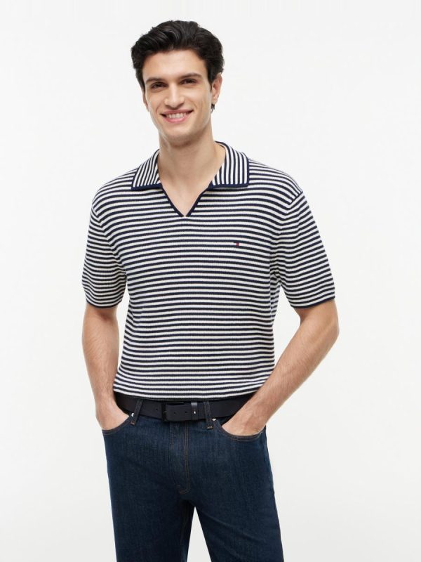 Polo de punto de caballero con cuello abierto - Azul marino