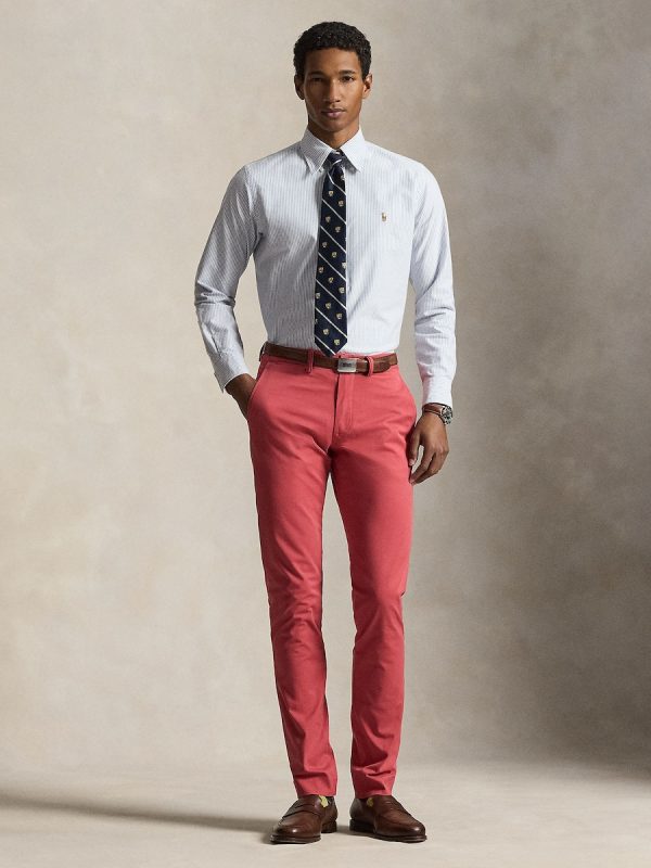 Pantalón de sarga elástico Slim Fit de hombre Dosel Oliva - Rojo Intenso Mate