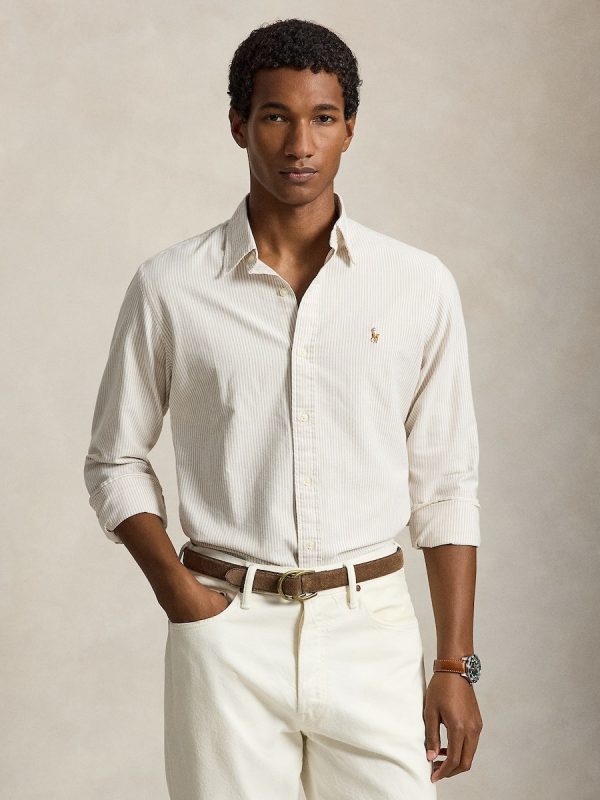 Camisa de hombre oxford con rayas Desgastado Mint Blanco - Camel