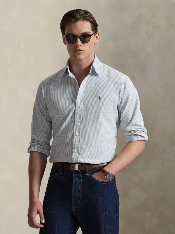 Camisa de hombre oxford con rayas Desgastado Mint Blanco - Azul marino