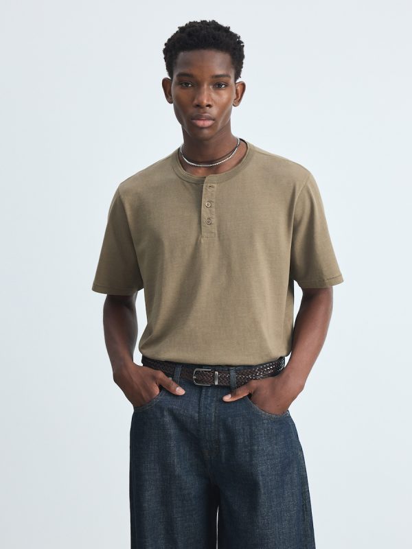 Camiseta hombre manga corta overdye cuello panadero - 520 Kaki