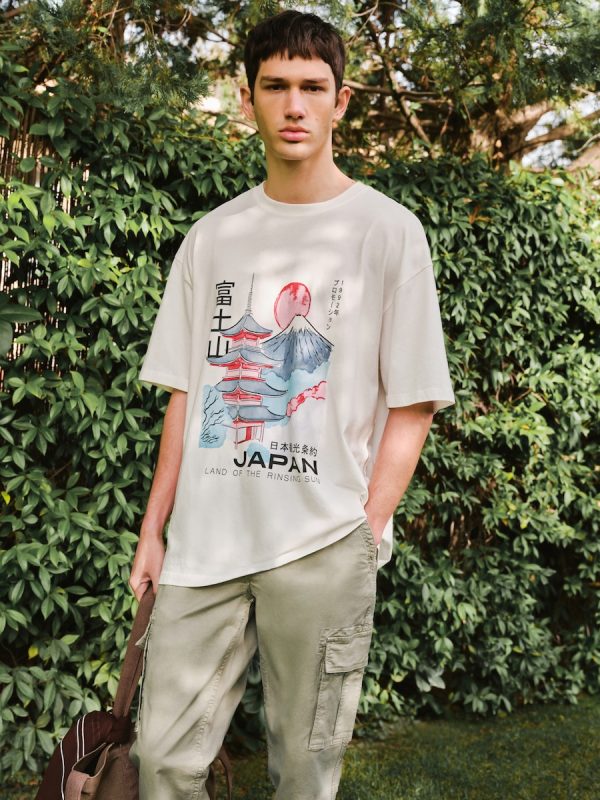 Camiseta hombre manga corta garment dye print - Blanco