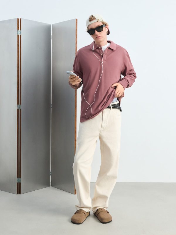 Polo manga larga piqué garment dye - Burdeos
