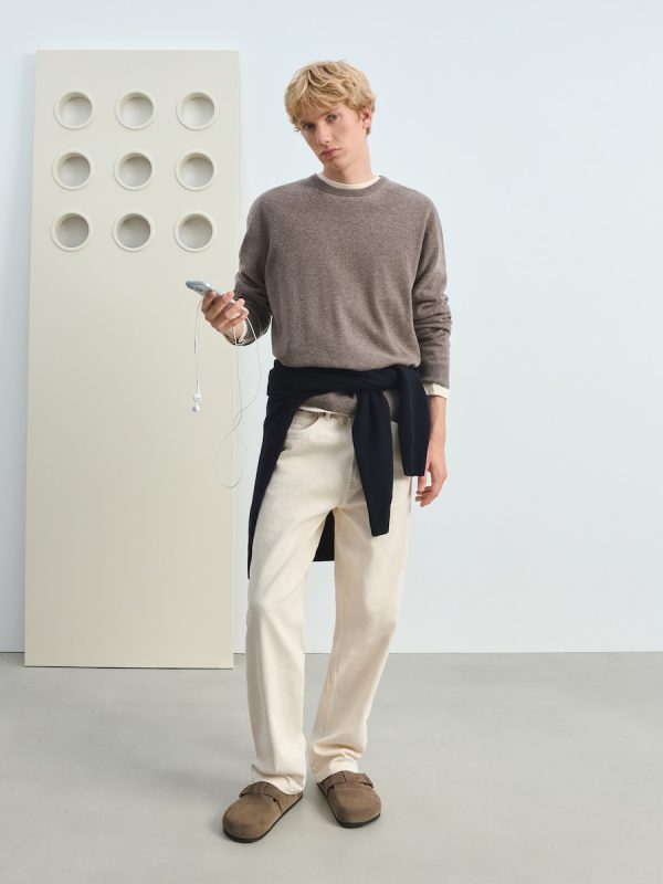 Jersey cuello redondo de lana con cashmere - Visón claro