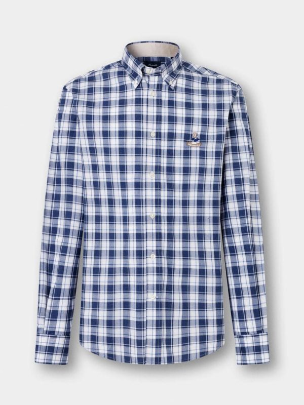 Camisa de hombre de algodón con cuadros y bordado en el pecho fit club. - Azul