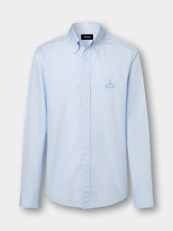Camisa de hombre de algodón a rayas con logo birdie fit club. - Azul claro