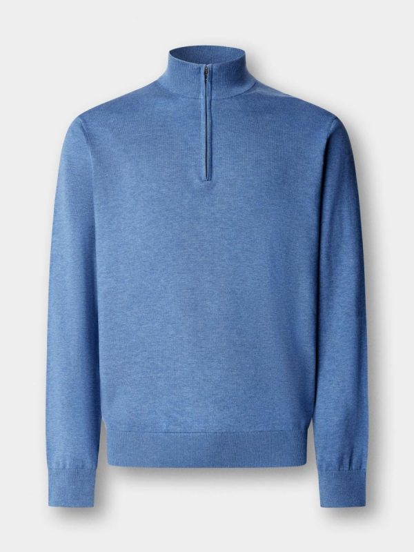 Jersey de hombre con media cremallera en mezcla de algodón y seda. - Azul índigo