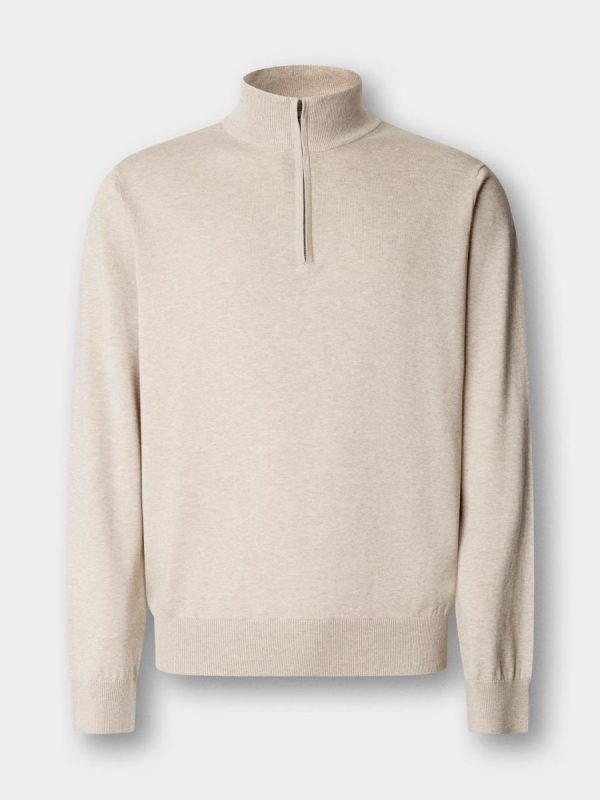 Jersey de hombre con media cremallera en mezcla de algodón y seda. - Beige
