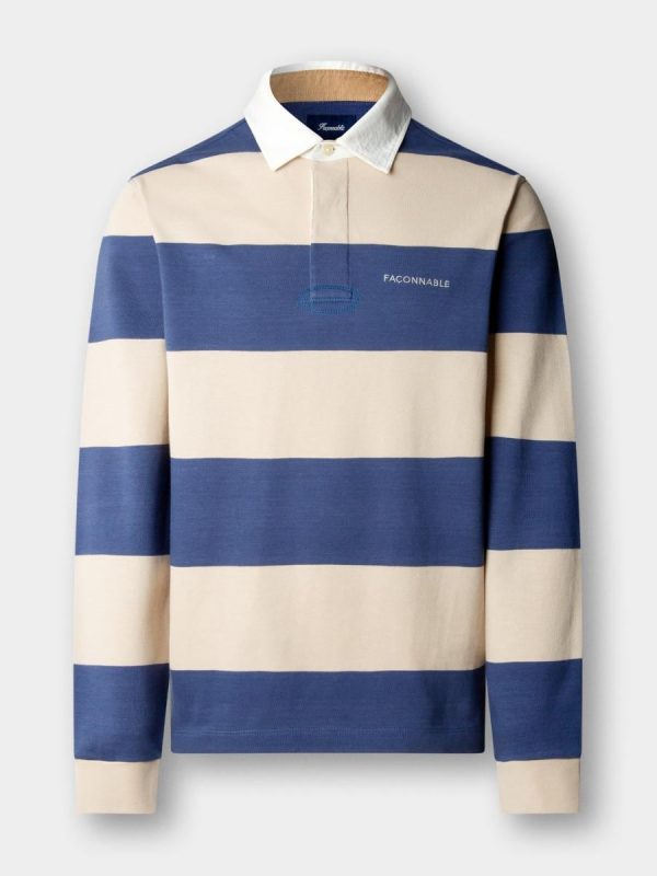 Polo de rugby de manga larga a rayas en jersey de algodón. - Beige