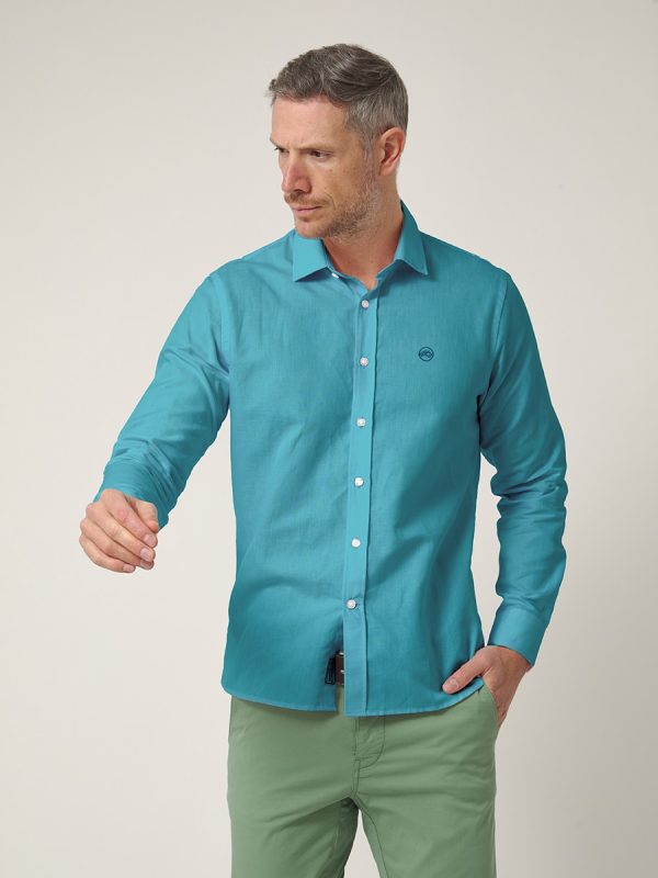 Camisa de hombre, manga larga, con logo bordado. - Azul