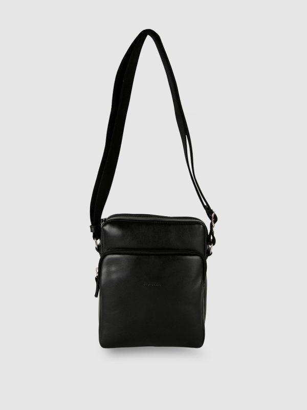 Bandolera de hombre de piel en color marrón con compartimento exterior - Negro