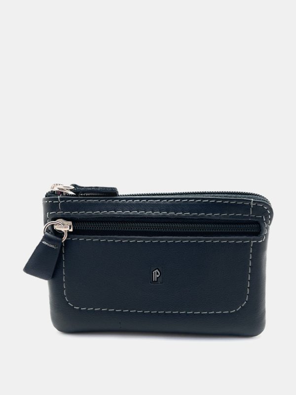 Monedero de dos cremalleras en piel de color - Negro