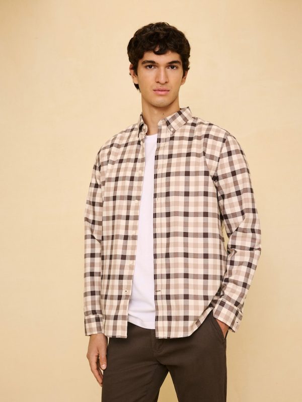Camisa manga larga para hombre cuadro - Marrón