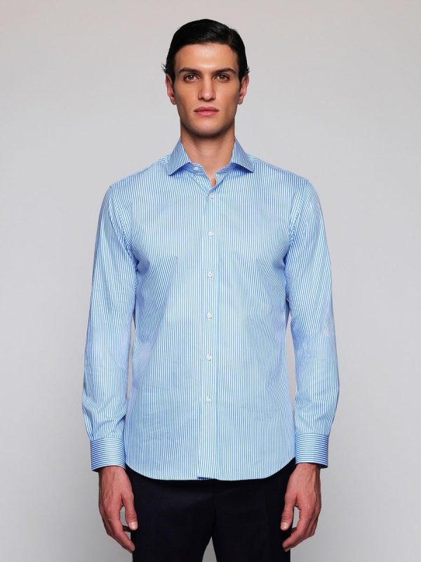 Camisa vestir de hombre rayas puño mixto de algodón - Azul