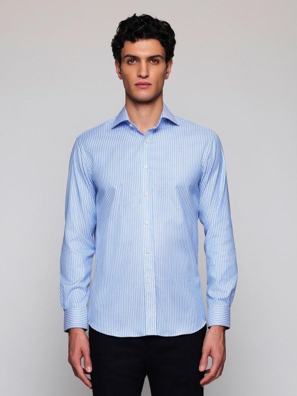 Camisa vestir de hombre rayas puño mixto de algodón - Azul