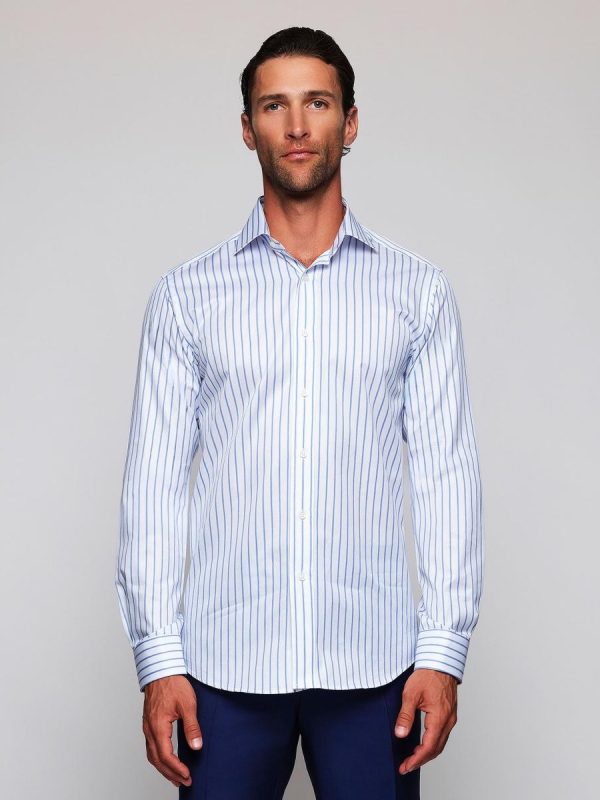Camisa vestir de hombre rayas puño mixto de algodón - Azul