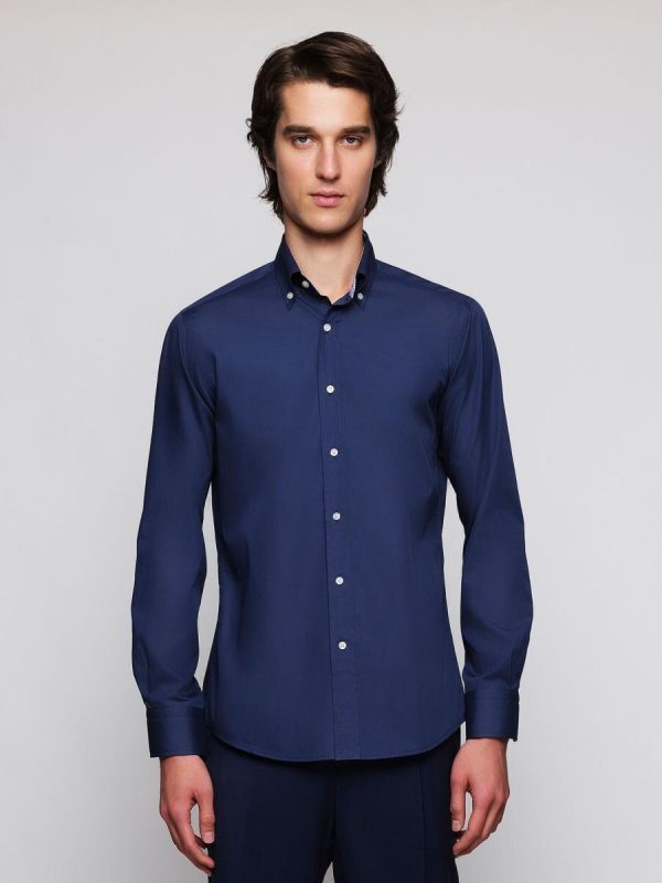Camisa de hombre casual manga larga lisa - Azul marino