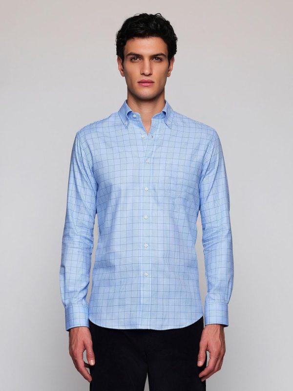 Camisa casual de hombre manga larga cuadros - Azul claro